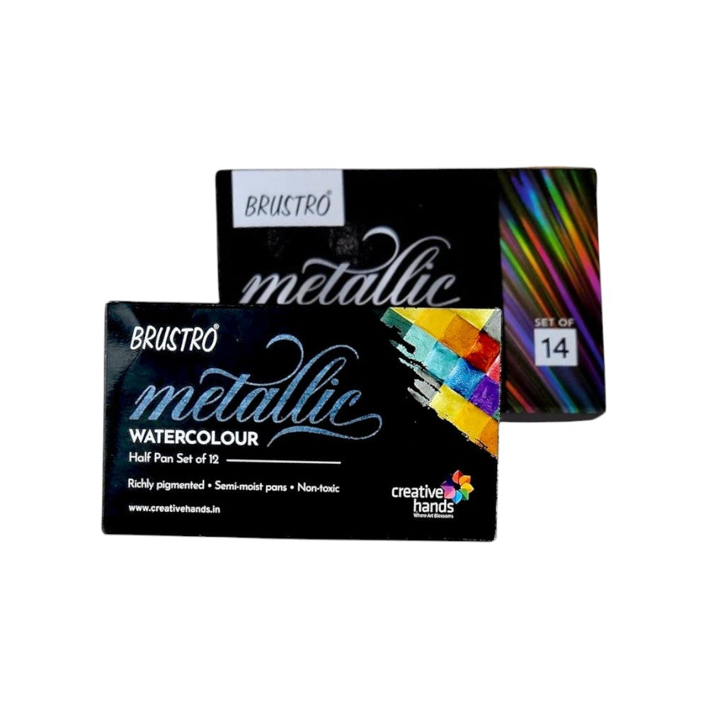 Brustro Metallic Watercolour Set - Semi-Moist Half Pans - Set of 12/14