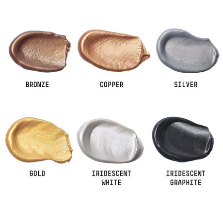 Chart of 6 basics acrylic metallic paints in assorted colors.