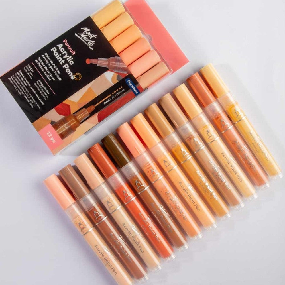 Mont Marte Acrylic Paint Pens - Broad Tip - 12pc Portrait Shades - Open View