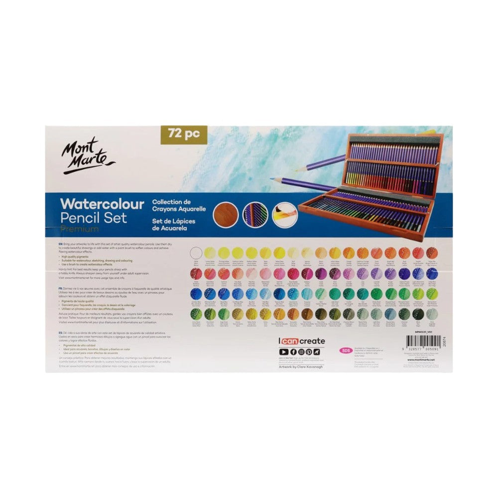 Mont Marte Premium Watercolour Pencils - 72pc Wooden Box - Back View