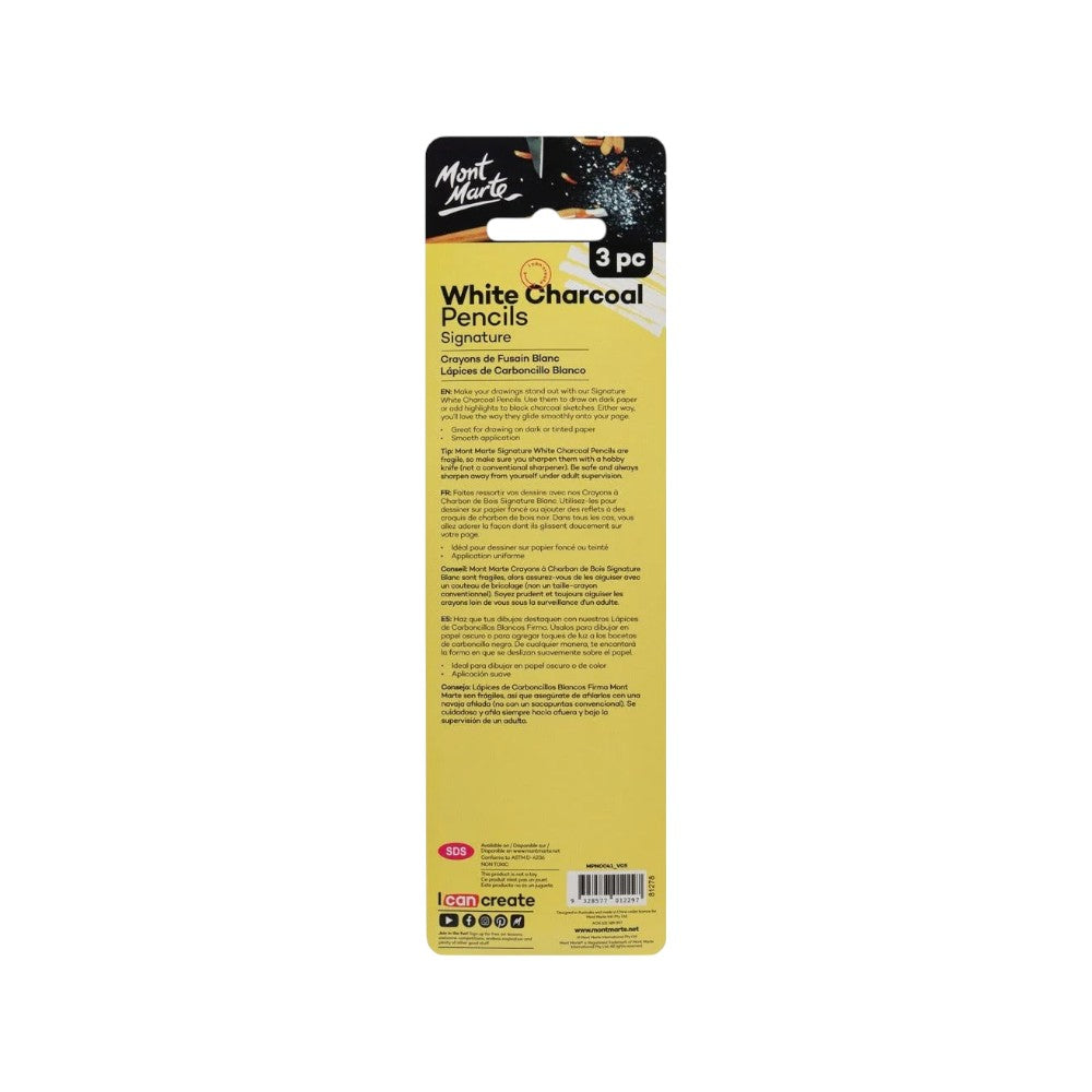 Mont Marte White Charcoal Pencils Set of 3 - Back Packaging