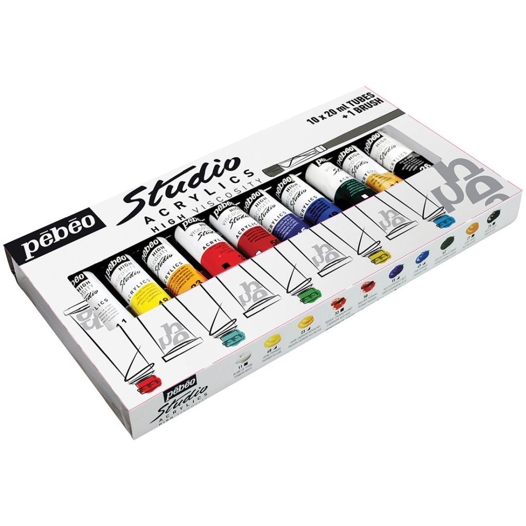 Pebeo Studio Acrylic Set of 10T20ml Tubes with Free Brush