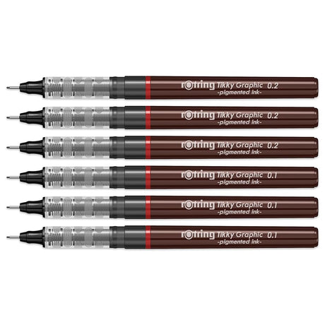 Rotring | Tikky | Graphic Fineliner | Black Pigment Lightfast | 0.1, 0.2 | 6 Pen Set | 3 Each Rotring