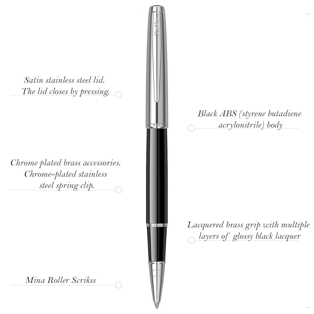 Scrikss | Metropolis | 800 Series | Roller Ball Pen | Brass Body | Chrome Plated Black Scrikss