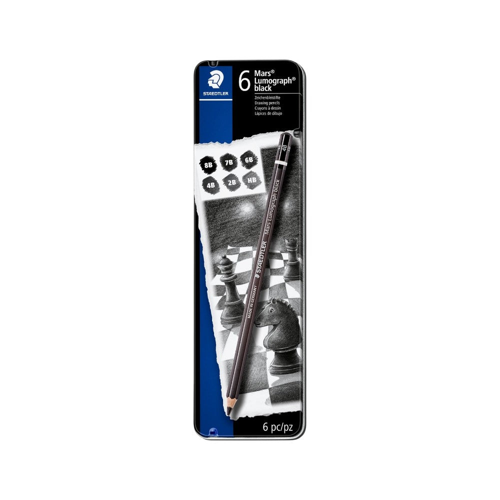 Staedtler Mars Lumograph Pencil Tin Set of 6 - Black variant with deep matte finish, includes 8B, 7B, 6B, 4B, 2B, HB.