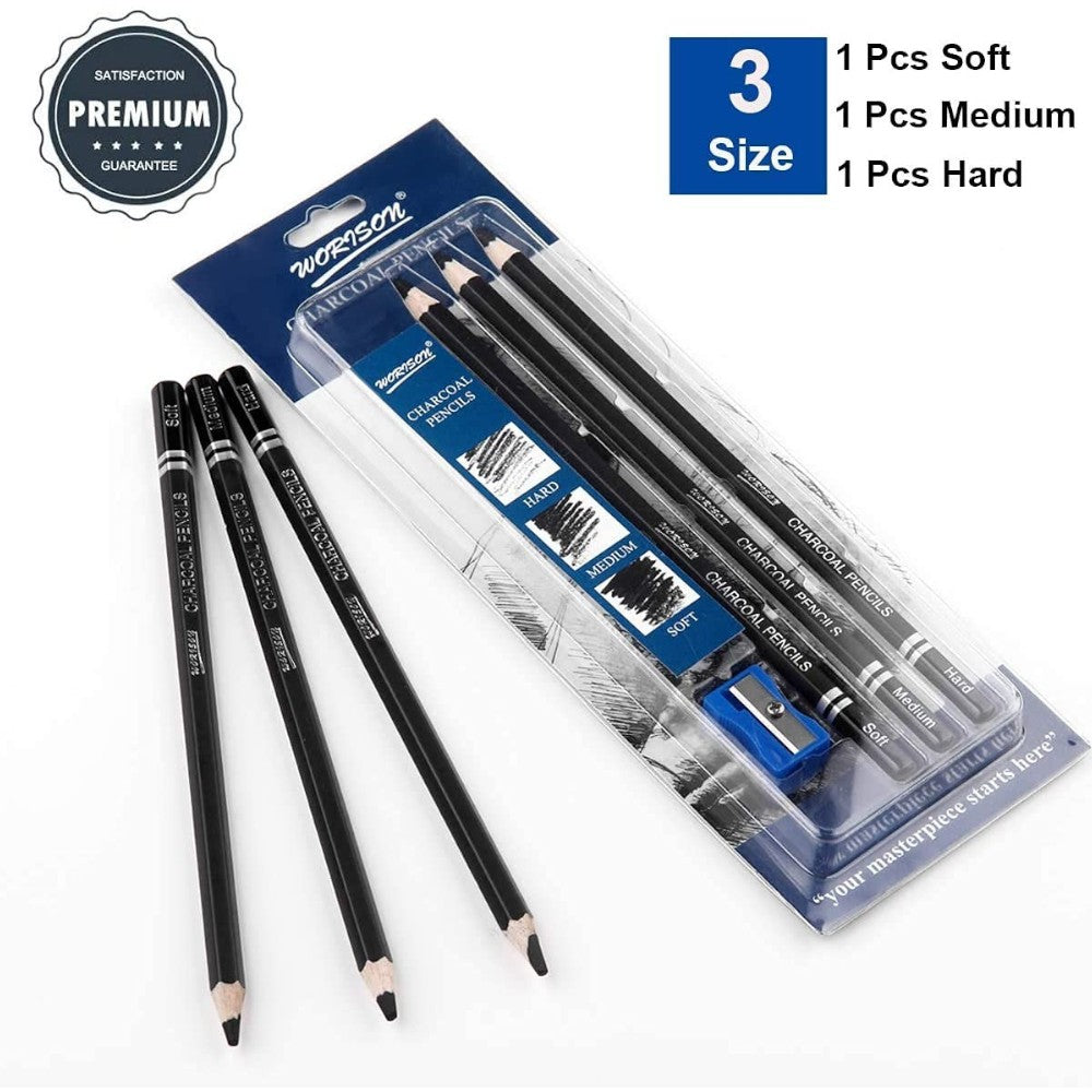 Worison Artist Charcoal Pencils Set of 3 - Soft, Medium, Hard + Sharpener Worison