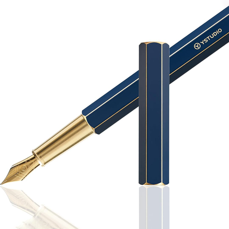 Ystudio | Fountain Pen | Blue Hexogon | Classic Revolve | Brass Body | Medium Nib YSTUDIO