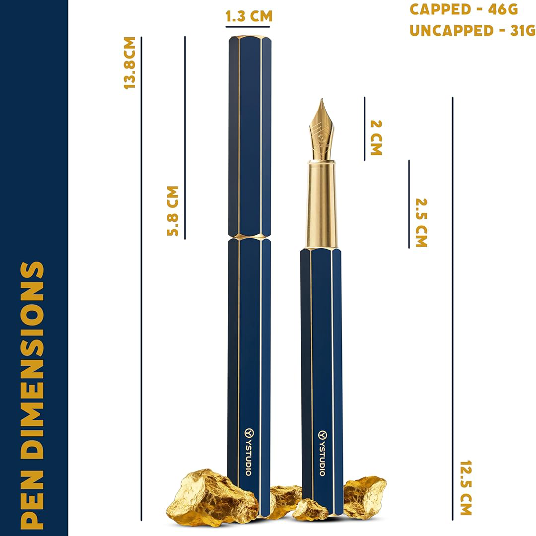 Ystudio | Fountain Pen | Blue Hexogon | Classic Revolve | Brass Body | Medium Nib YSTUDIO