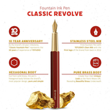 Ystudio | Fountain Pen | Red Hexogon | Classic Revolve | Brass Body | Medium Nib YSTUDIO