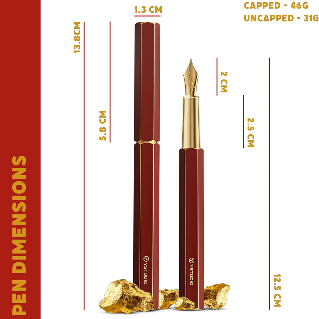 Ystudio | Fountain Pen | Red Hexogon | Classic Revolve | Brass Body | Medium Nib YSTUDIO