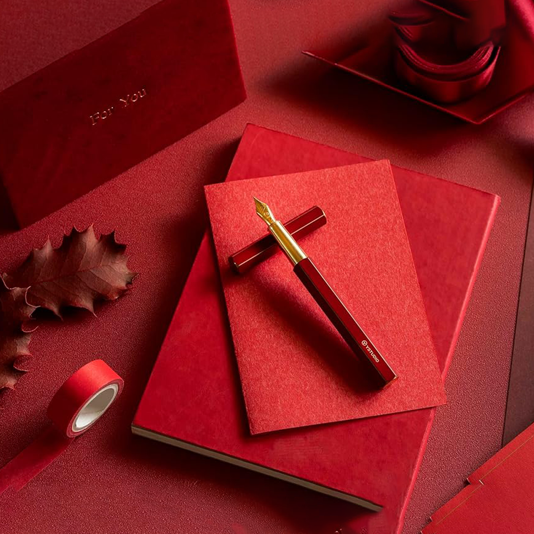 Ystudio | Fountain Pen | Red Hexogon | Classic Revolve | Brass Body | Medium Nib YSTUDIO