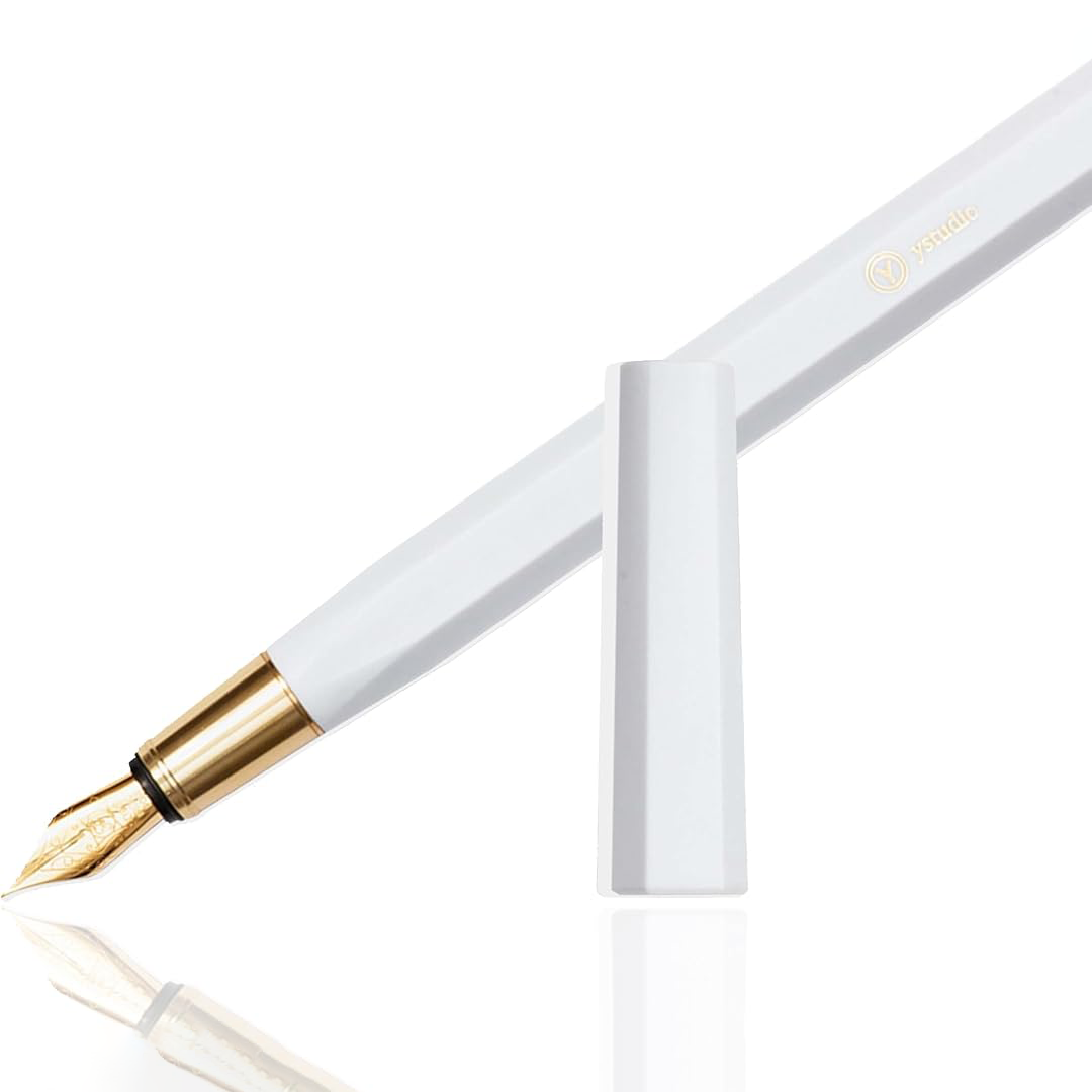 Ystudio | Fountain Pen | Resin Series | Acrylic Brass White | Medium Nib YSTUDIO